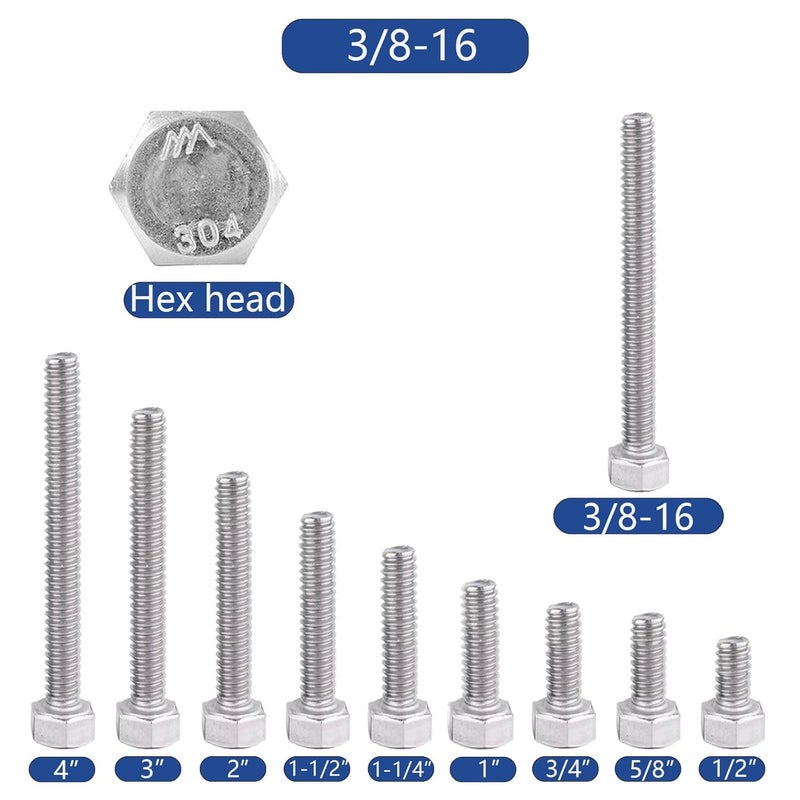 JROUTH 3/8-16 x1/2" Hex Head Screw Bolt(20 PCS), Lock Nuts,Flat & Lock Washers Kits, 304 Stainless Steel 18-8,Fully Threaded. - Image 4
